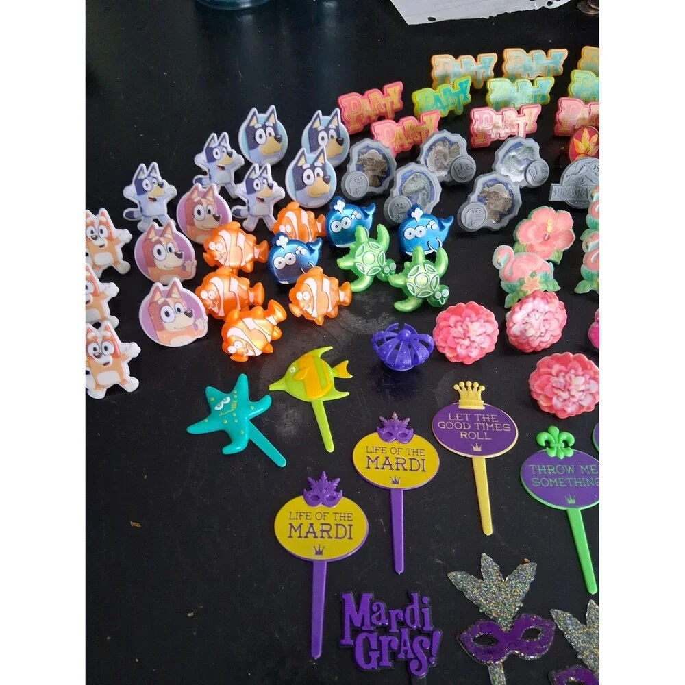 Cupcake Cake Rings Picks Party Decorations Mardi Gras Beach Luau Bluey Dinos